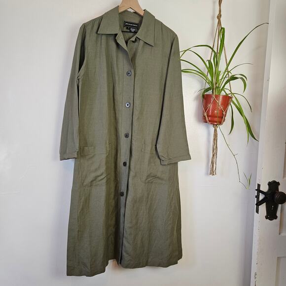 Linen Long‎ Trench Jacket M Olive Green Button Front Lagenlook - Picture 3 of 10